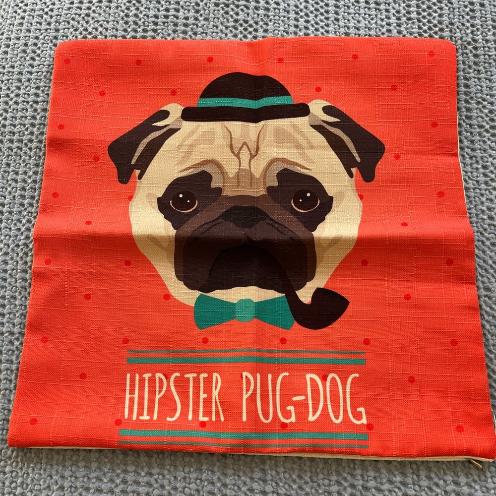 Hipster pug dog throw Pillow Cover zippered 18” x 18” decor home accent mop